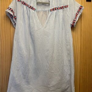 J. Crew Light Blue Striped Blouse with Red and Blue Embroidery